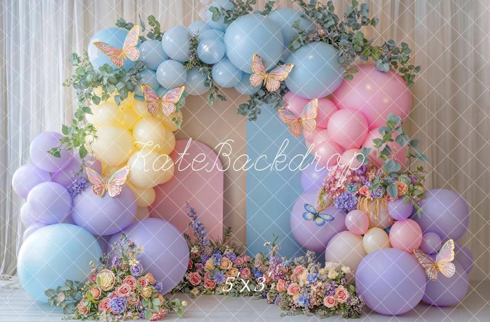 Kate Cake Smash Balloon Arch Pastel Butterfly Flowers Printed Backdrop Designed by Emetselch