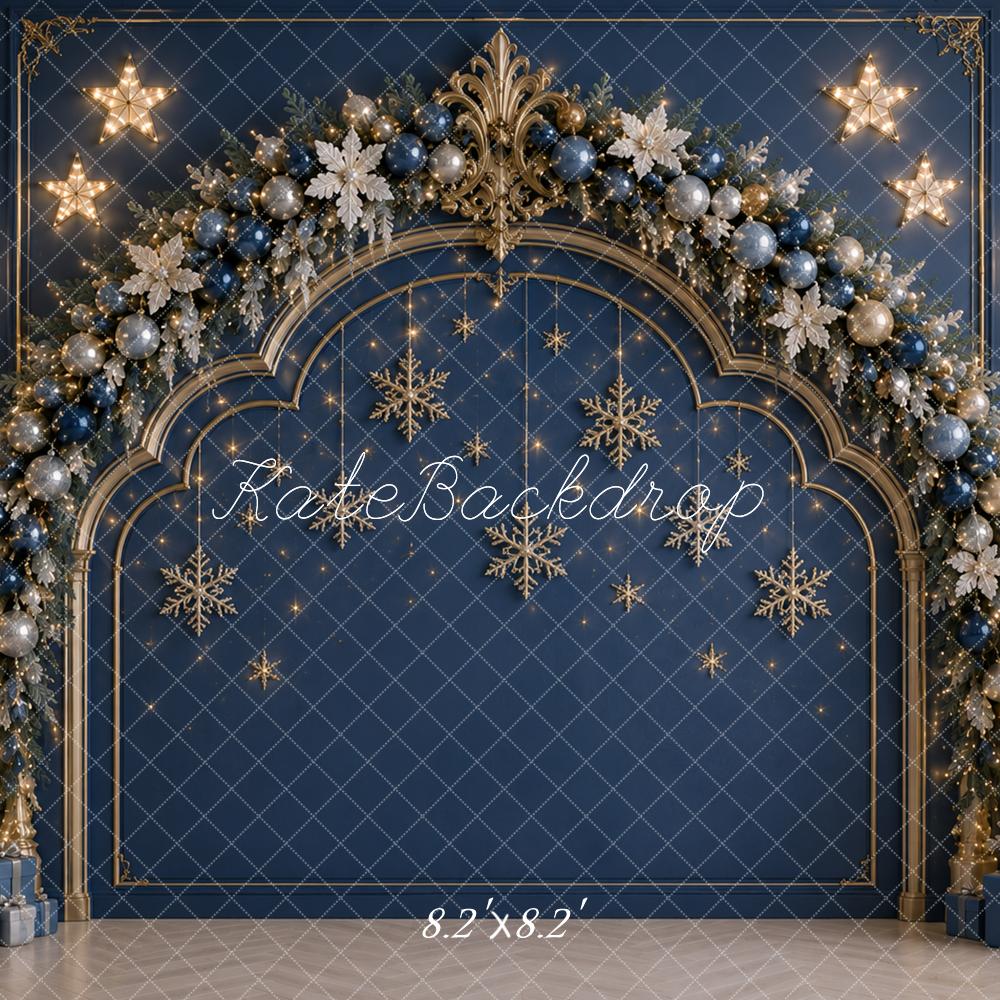 Kate Christmas Headboard Blue Gold Snowflake Tree Arch Printed Backdrop Designed by Caitlin Lynch