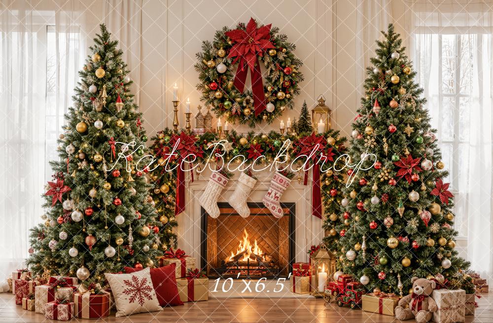 Kate Christmas Fireplace Ornaments Christmas Trees Wreath Printed Backdrop Designed by Emetselch