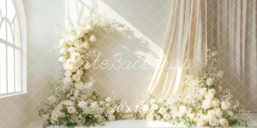 Kate Boho White Flower Arch Cream Roses Drapes Backdrop Designed by Emetselch