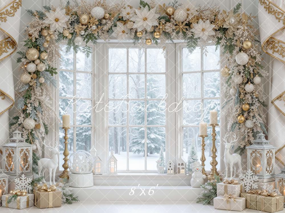 Kate Christmas White Gold Floral Window Arch Printed Backdrop Designed by Mini MakeBelieve