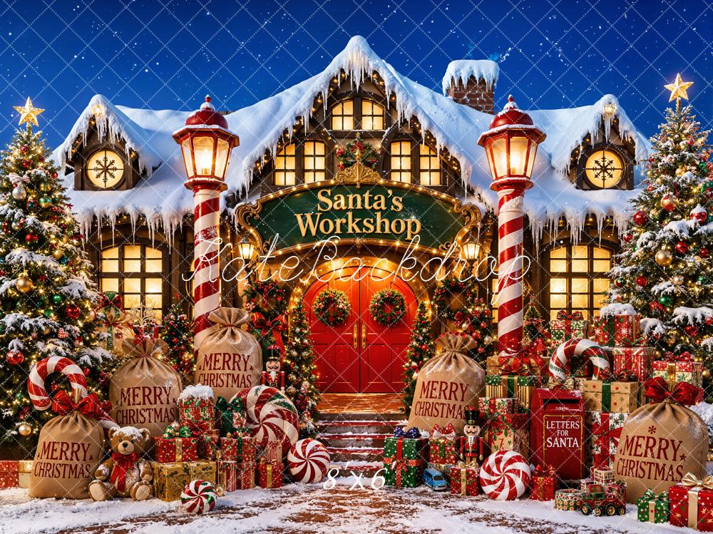 Kate Christmas Night Santa's Workshop Snowy House Presents Candy Canes Printed Backdrop Designed by Emetselch
