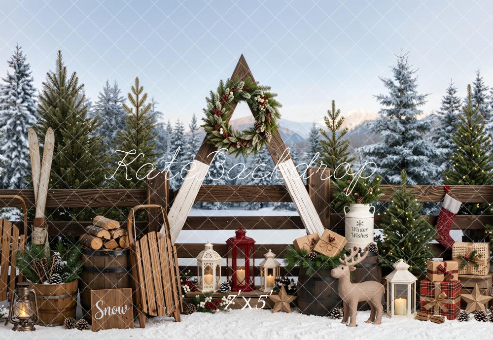 Kate Christmas Winter Outside Skis Sleds Wreath Snow Printed Backdrop Designed by Emetselch