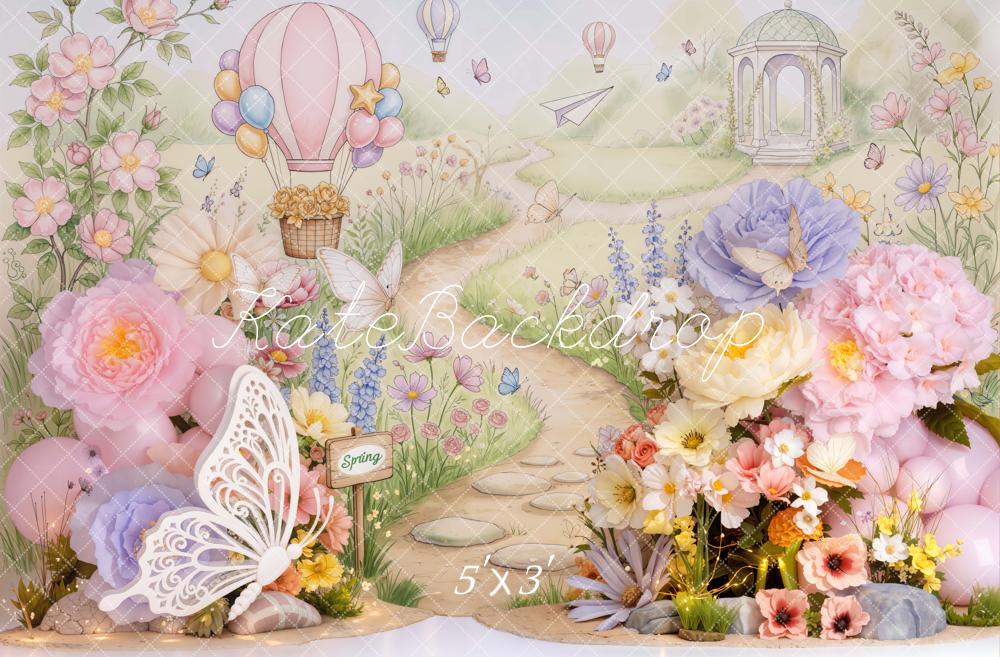 Kate Spring Butterfly Hot Air Balloon Floral Pathway Printed Backdrop Designed by Emetselch