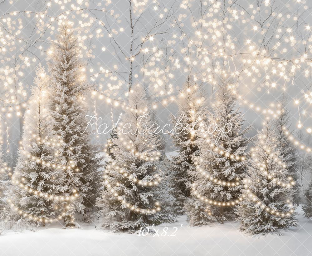 Kate Winter Snowy Pine Trees String Lights Backdrop Designed by Emetselch
