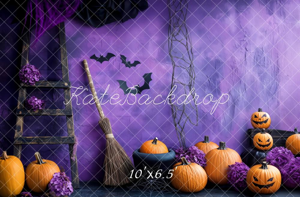 Kate Halloween Purple Wall Pumpkins Bats Broom Ladder Backdrop Designed by Patty Roberts