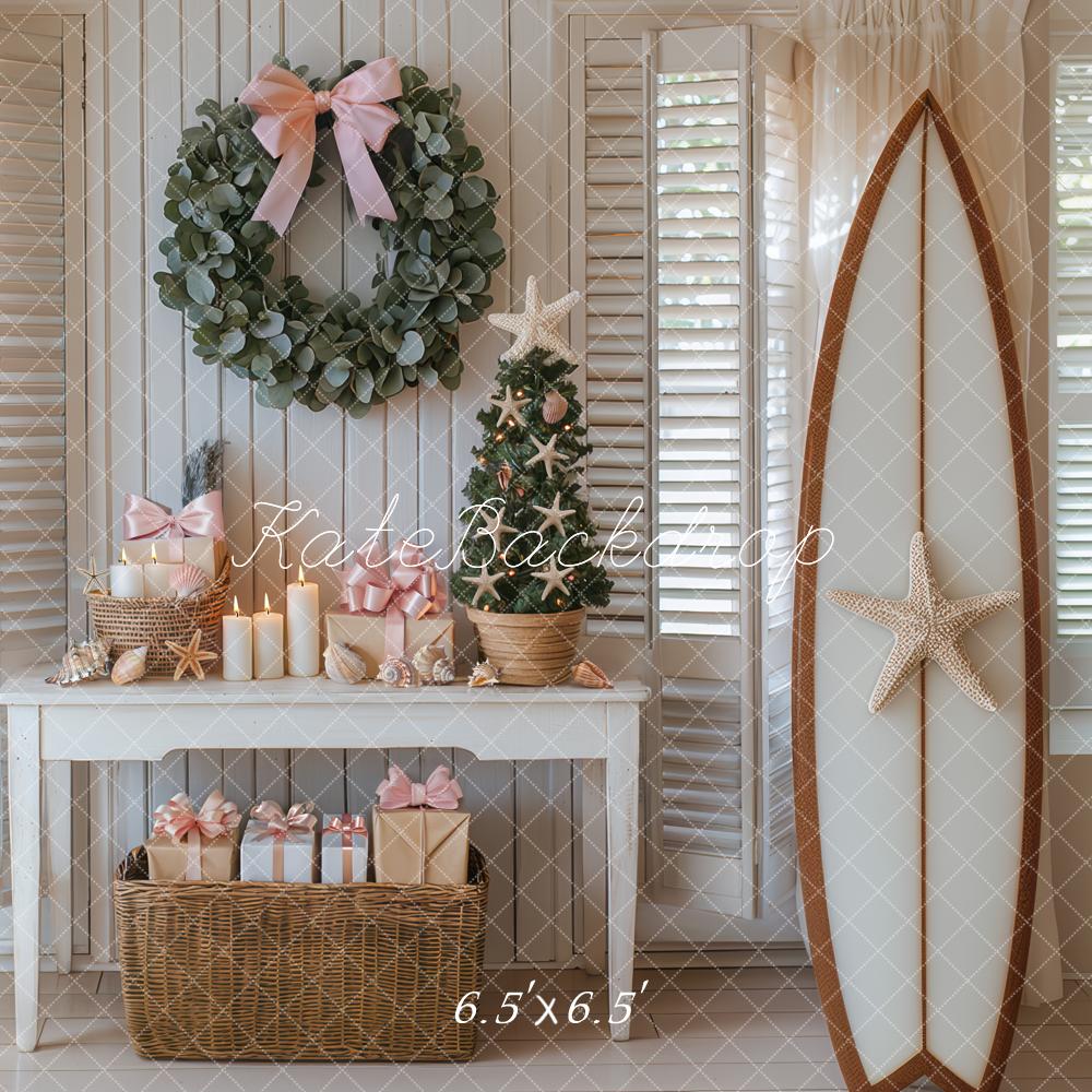 Kate Christmas Australia Interior Wreath Surfboard Starfish Table Backdrop Designed by Mini MakeBelieve