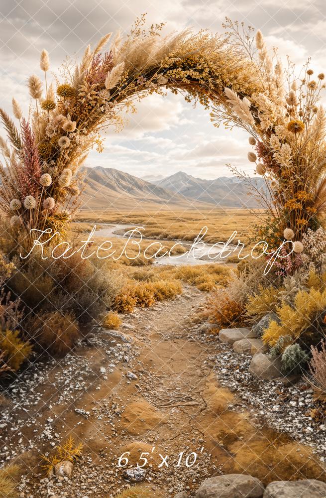 Kate Boho Outdoor Flower Arch Rustic Pathway Mountains Printed Backdrop Designed by Emetselch