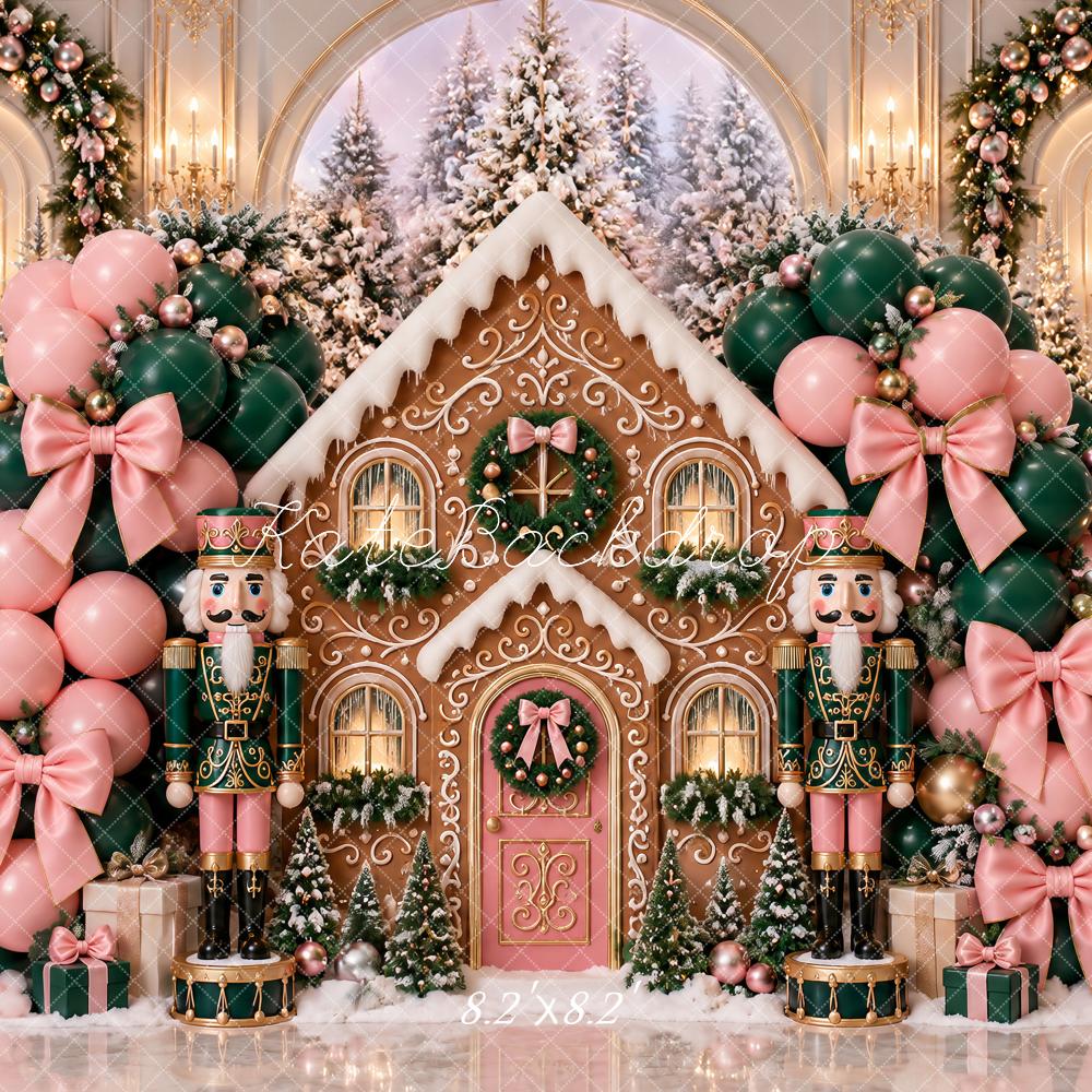 Kate Christmas Cake Smash Gingerbread House Nutcracker Balloon Pink Bow Printed Backdrop Designed by Ashley Paul