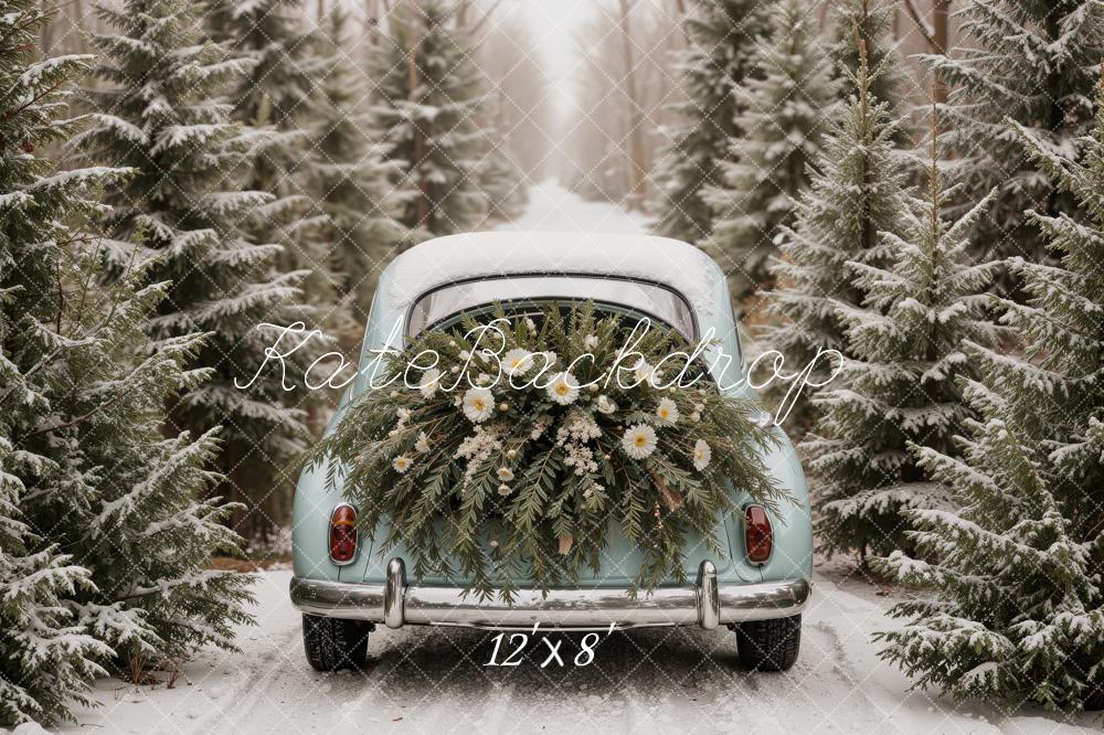 Kate Christmas Winter Vintage Car Evergreen Forest Flowers Snow Printed Backdrop Designed by Ashley Ward