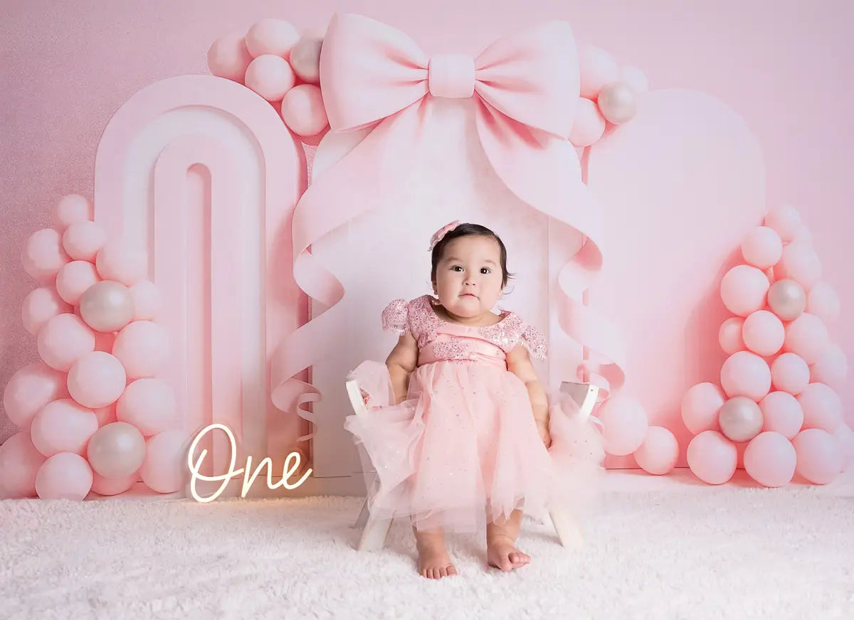 Cake Smash Bow Pink Balloon Arch Backdrop Designed by Ashley Paul