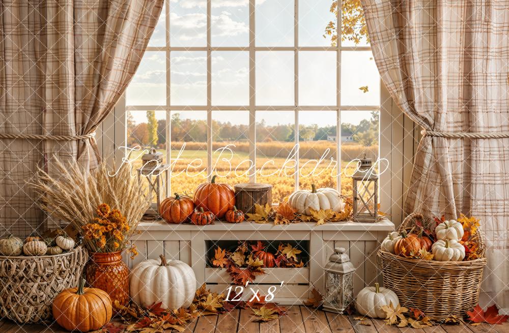 Kate Fall Pumpkin Window Rustic Plaid Curtain Field Printed Backdrop Designed by Emetselch