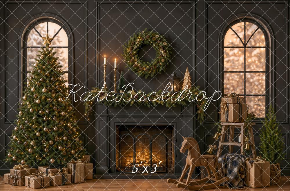 Kate Christmas Fireplace Tree Rocking Horse Wreath Gifts Black Printed Backdrop Designed by Emetselch