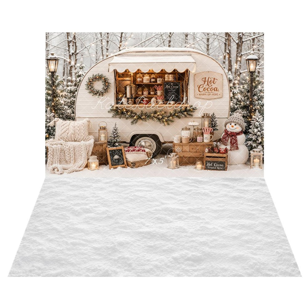 Kate Christmas Hot Cocoa Camper Snowy Forest Snowman Printed Backdrop+White Snow Floor Printed Backdrop