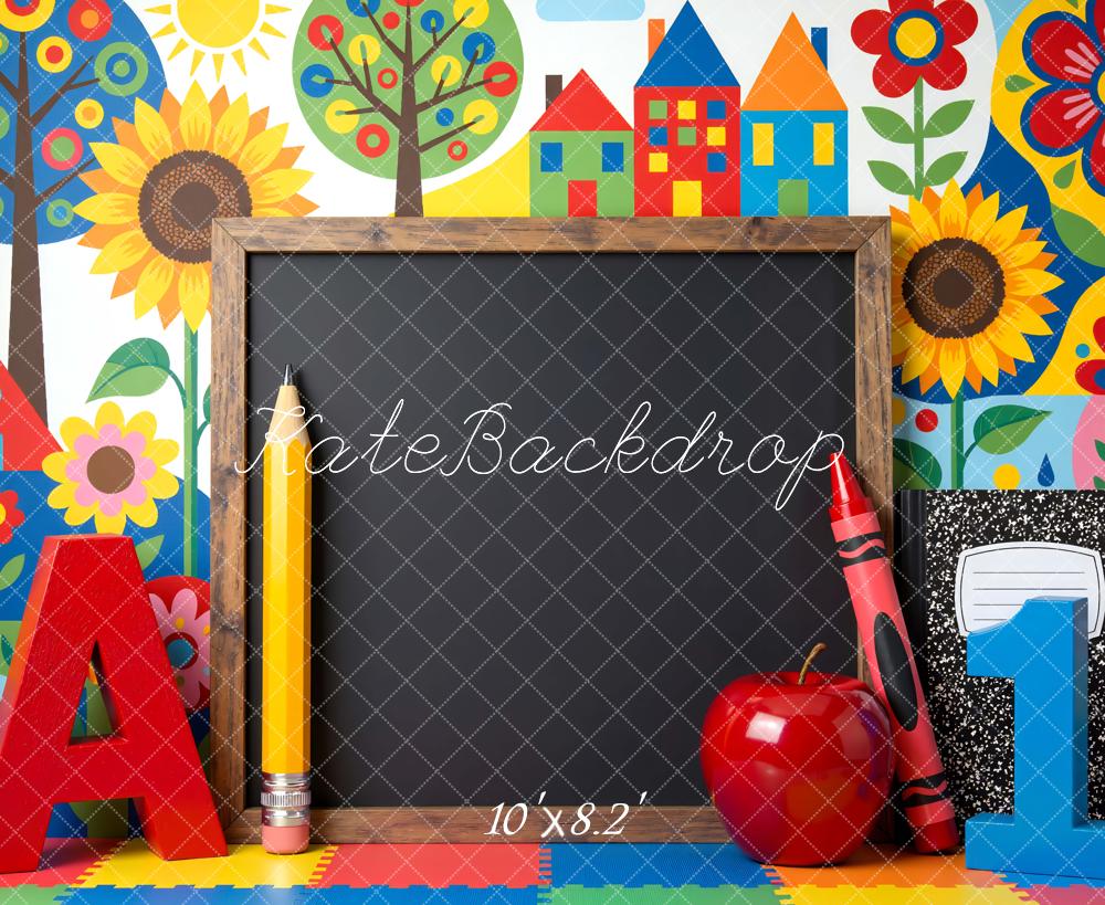 Kate Back to School Chalkboard Colorful Houses Sunflowers Backdrop Designed by Mini MakeBelieve