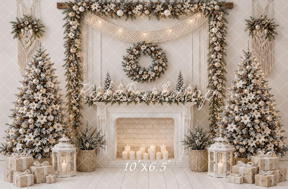 Kate Christmas Fireplace Boho Poinsettia Garland White Trees Gifts Printed Backdrop Designed by Emetselch