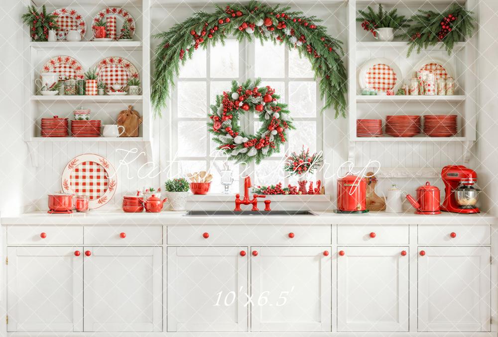 Kate Christmas Kitchen Red Plaid Dishes Garland Wreath Window Backdrop Designed by Emetselch