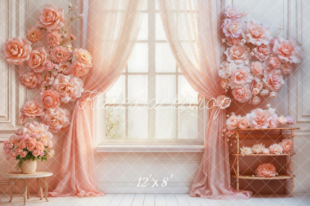 Kate Spring Blush Flower Arch Window Pink Curtains Printed Backdrop Designed by Emetselch
