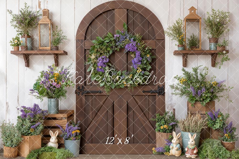 Kate Easter Bunny Floral Wreath Brown Wooden Door Backdrop Designed by Emetselch