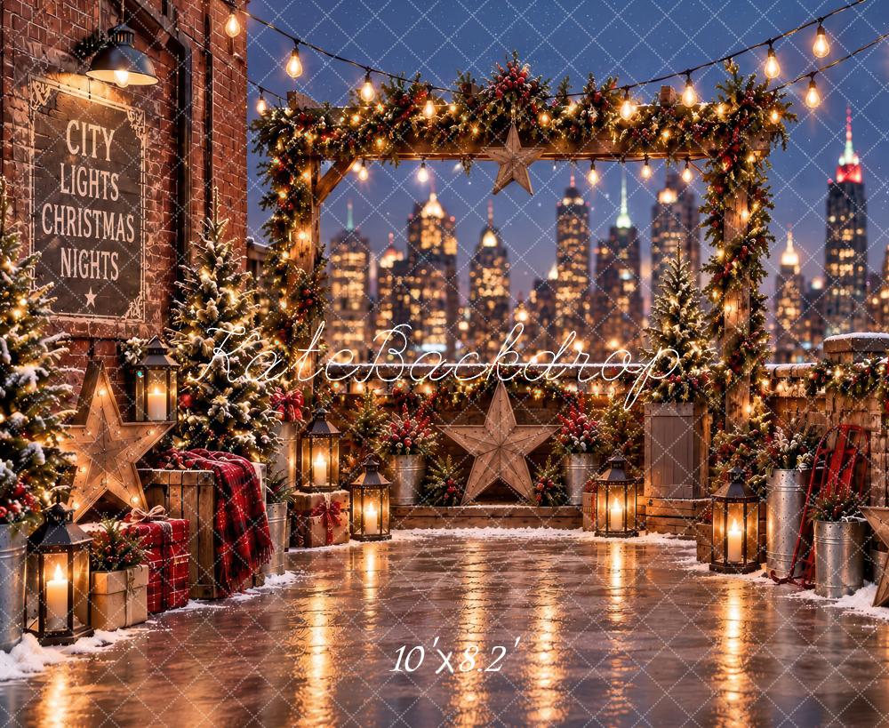 Kate Christmas City Lights Roof Top Garland Arch Printed Backdrop Designed by Laura Bybee