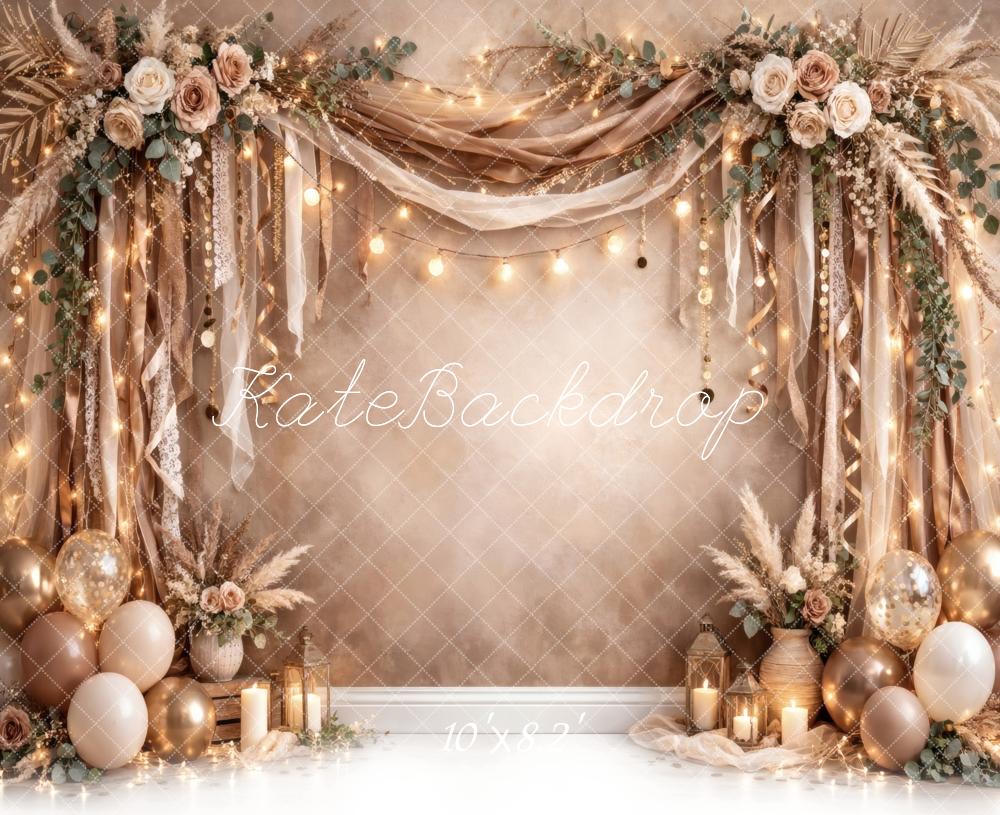 Kate Boho Draped Flower Arch Balloons Champagne Printed Backdrop Designed by Vertigo Productions