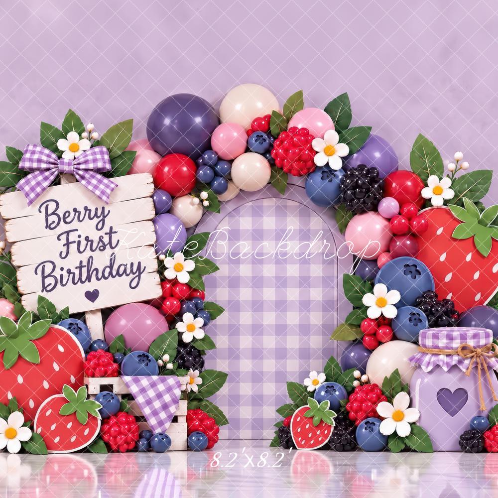 Kate First Birthday Berry Lavender Gingham Arch Printed Backdrop Designed by Laura Bybee