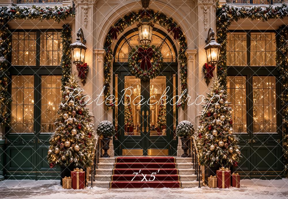 Kate Christmas City Snowy Grand Building Entrance Arch Wreaths Staircase Printed Backdrop Designed by Jordan Moon