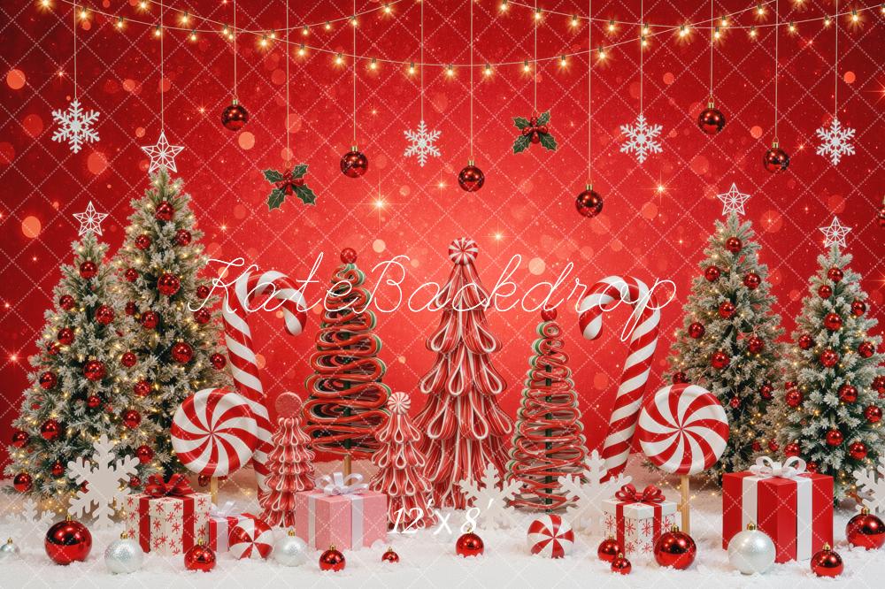 Kate Christmas Tree Red Candy Cane Gifts Snowflakes Holiday Printed Backdrop Designed by Mini MakeBelieve
