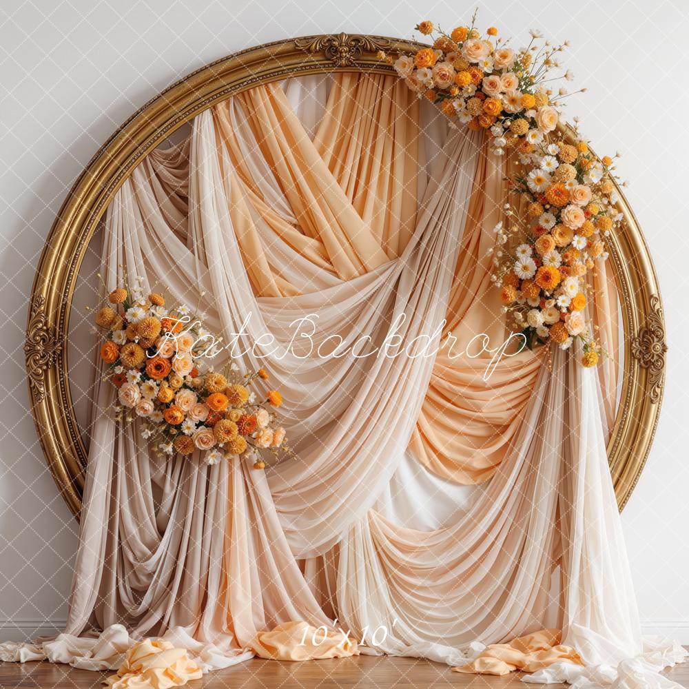 Kate Fall Flower Gold Circle Frame Peach Drapes Printed Backdrop Designed by Mini MakeBelieve