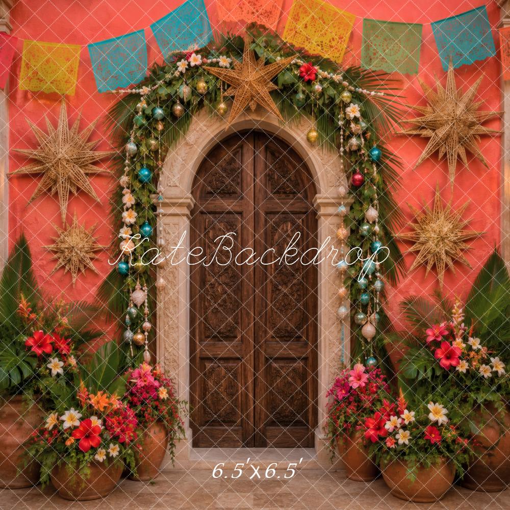 Kate Mexican Christmas Red Arched Door Garland Stars Printed Backdrop Designed by Vertigo Productions