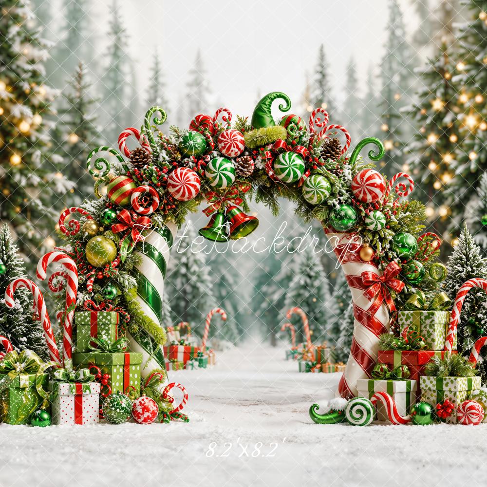 Kate Christmas Green Fantasy Candy Arch Forest Presents Snowy Printed Backdrop Designed by Emetselch