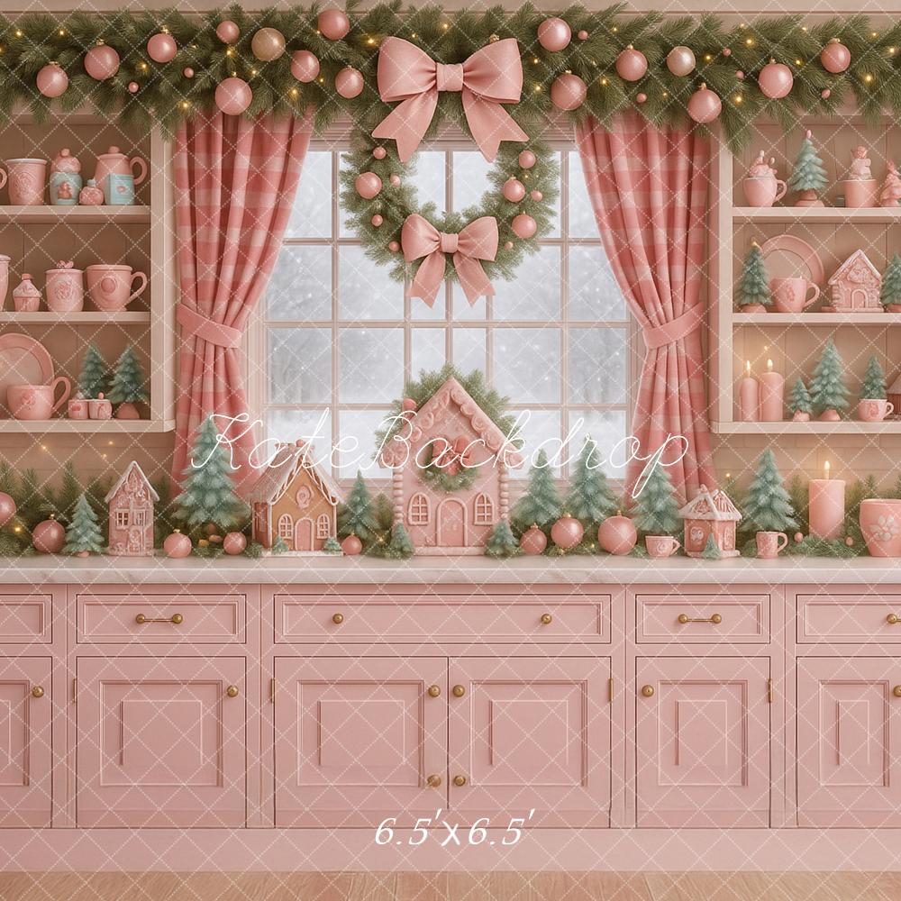 Kate Christmas Pink Kitchen Cabinet Garland Bow Backdrop Designed by Ashley Paul