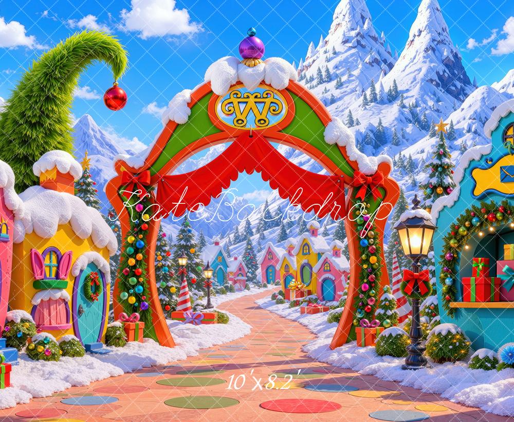 Kate Christmas Whimsical Whoville Village Arch Snowy Mountains Printed Backdrop Designed by Mini MakeBelieve