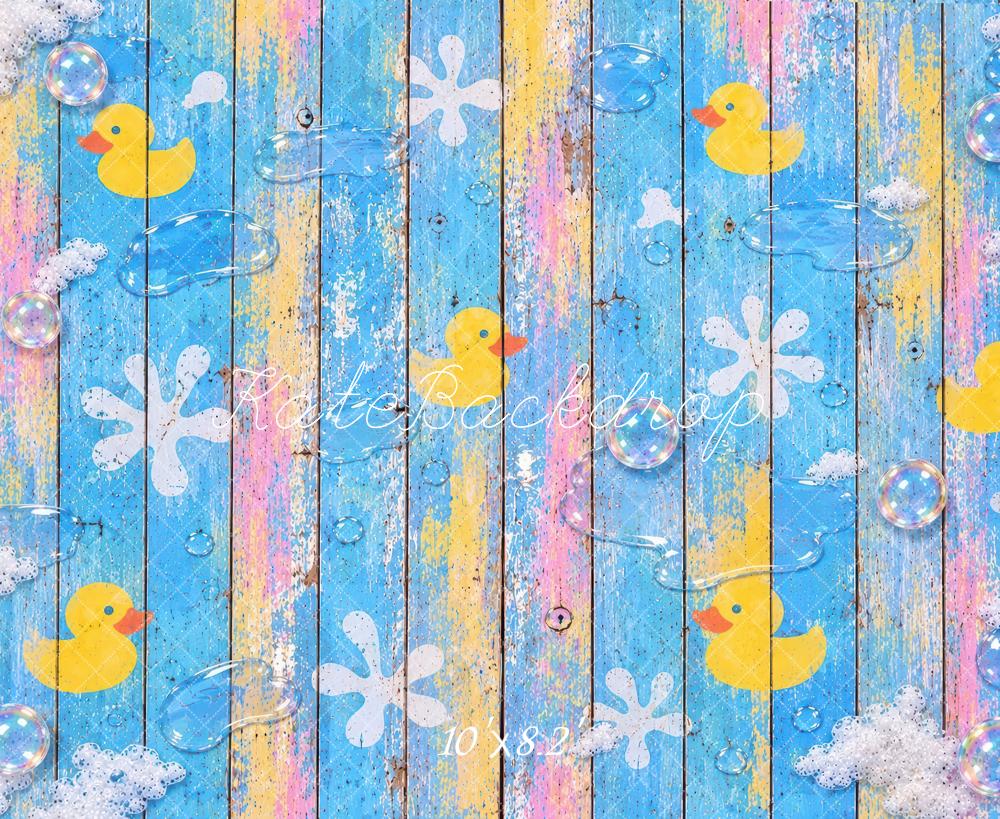 Kate Blue Rubber Duck Bubbles Wood Plank Floor Printed Backdrop Designed by Laura Bybee