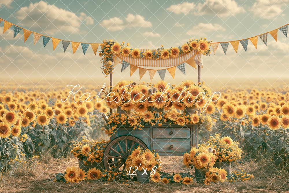 Kate Fall Sunflower Flower Cart Field Bunting Printed Backdrop Designed by Angela Miller