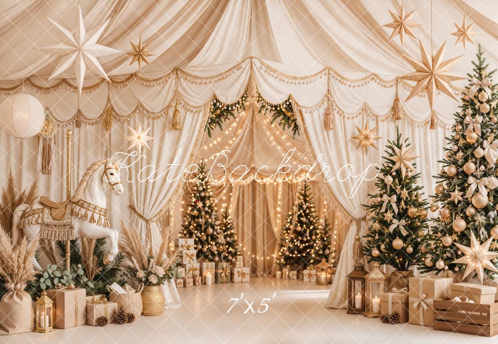 Lightning Deal Kate Christmas Circus Trees White Gold Draped Star Decor Printed Backdrop Designed by Emetselch