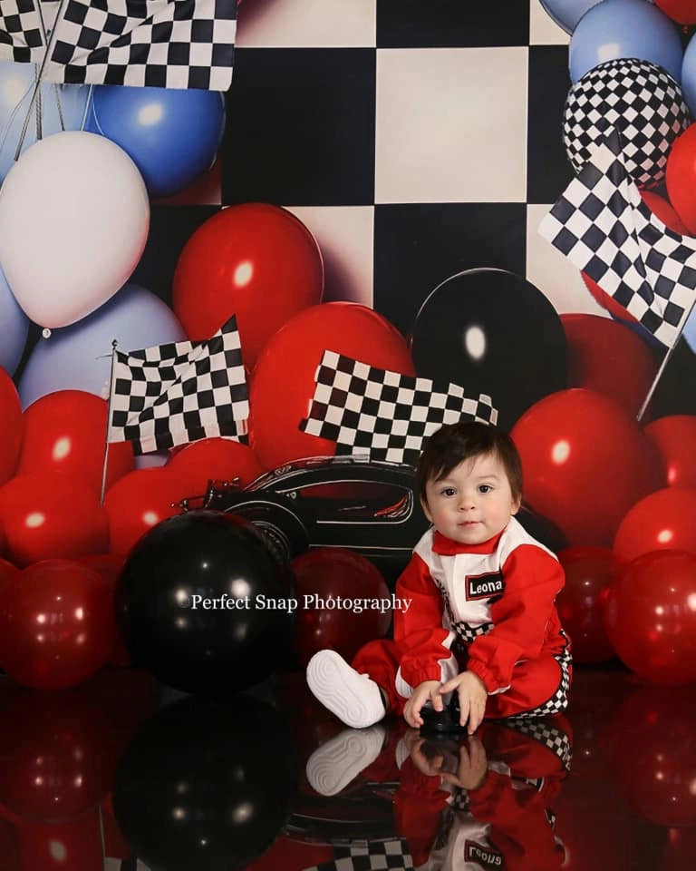 Kate Birthday Race Car Checkered Flag Balloon Cake Smash Printed Backdrop for Photography