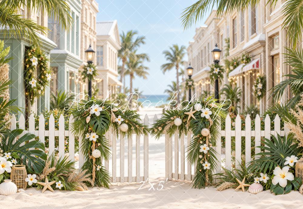 Kate Beach Coastal Resort Tropical Street Flower Fence Printed Backdrop Designed by Emetselch