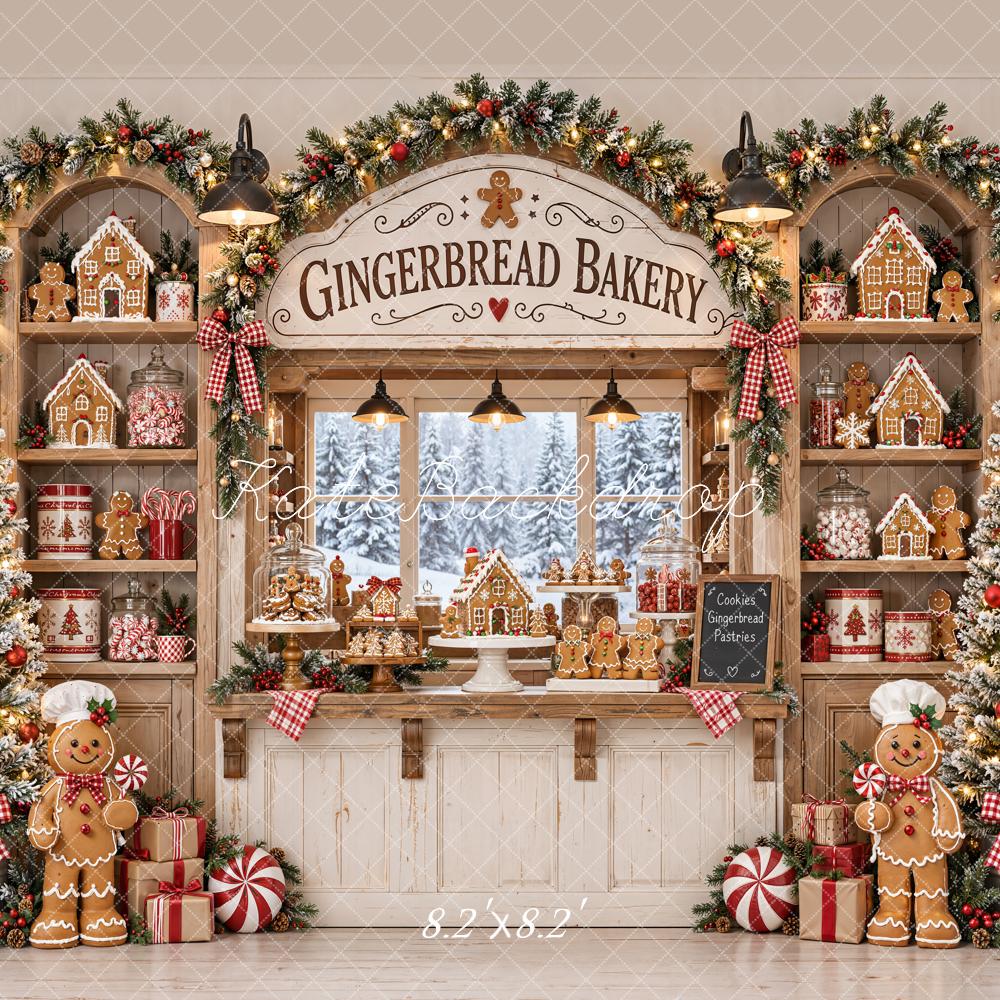 Kate Christmas Gingerbread Bakery Shop Garland Window Printed Backdrop Designed by Emetselch