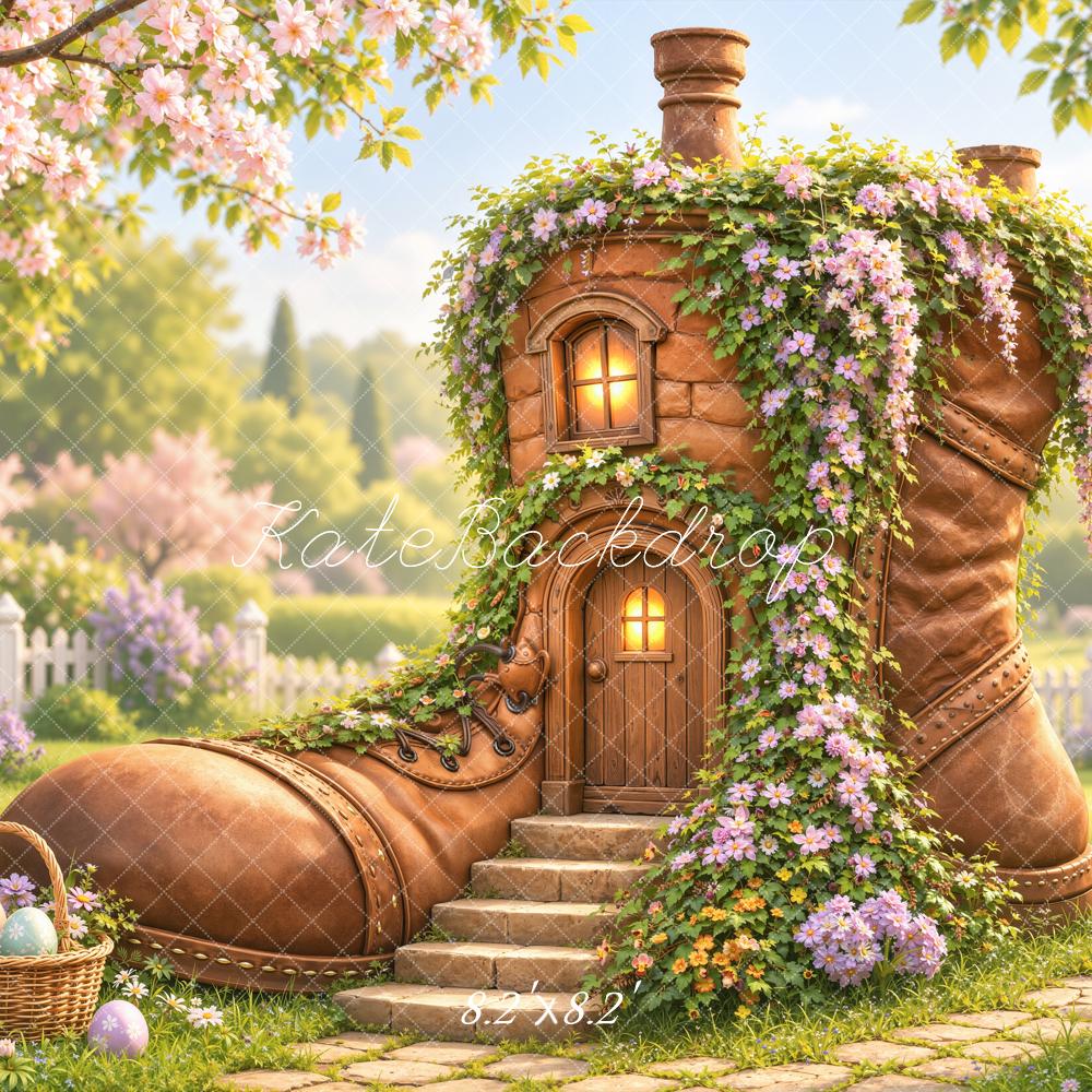 Kate Easter Boot House Bunny Flower Garden Printed Backdrop Designed by Emetselch