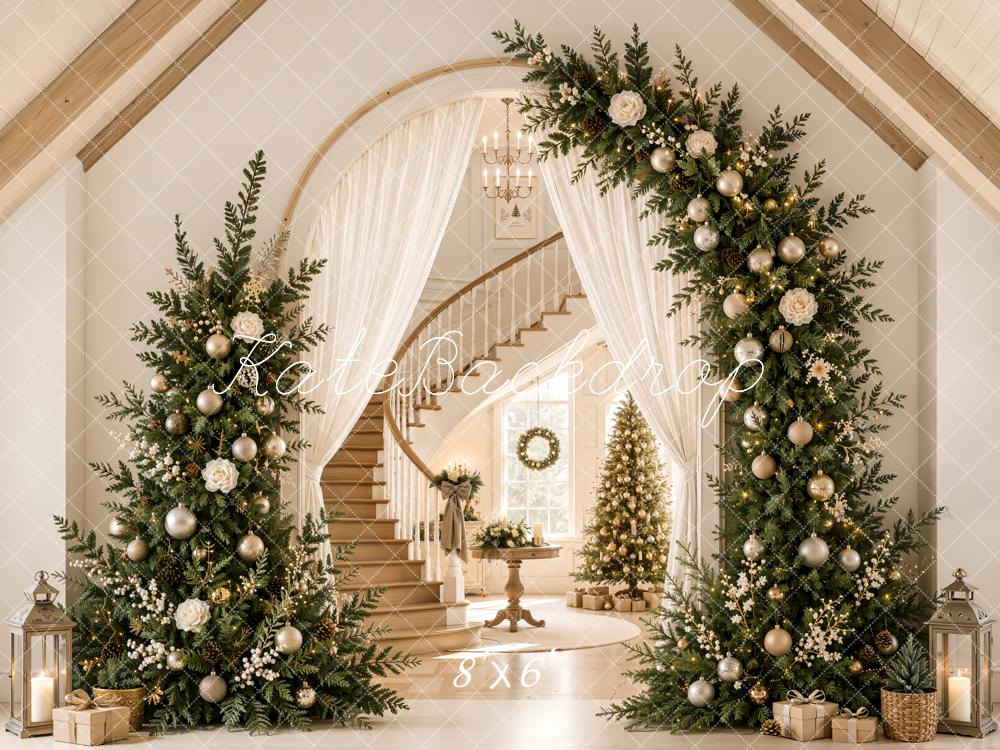 Kate Christmas Tree Arch Staircase Elegant Foyer Gable Roof Printed Backdrop Designed by Emetselch