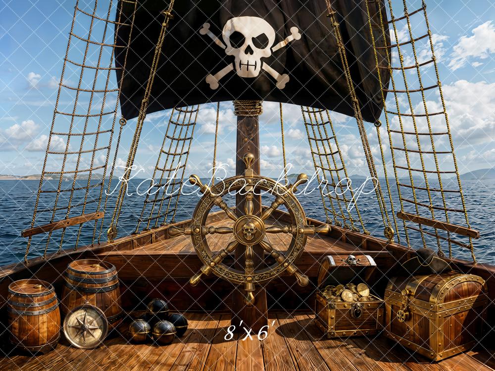 Kate Pirate Ship Wheel Treasure Chest Ocean Backdrop Designed by Emetselch
