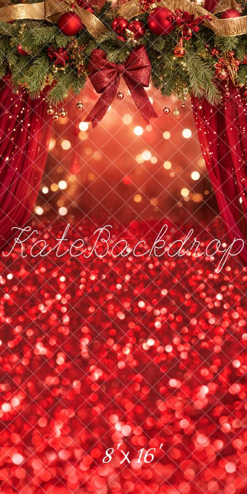 Kate Sweep Christmas Red Garland Curtain Bow Bokeh Backdrop Designed by Emetselch