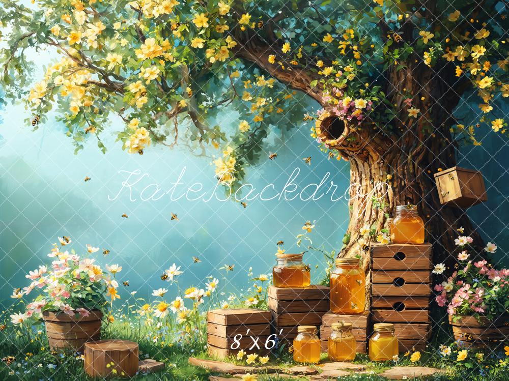 Kate Spring Floral Tree with Honey Jars Printed Backdrop for Kid Portraits Designed by Emetselch