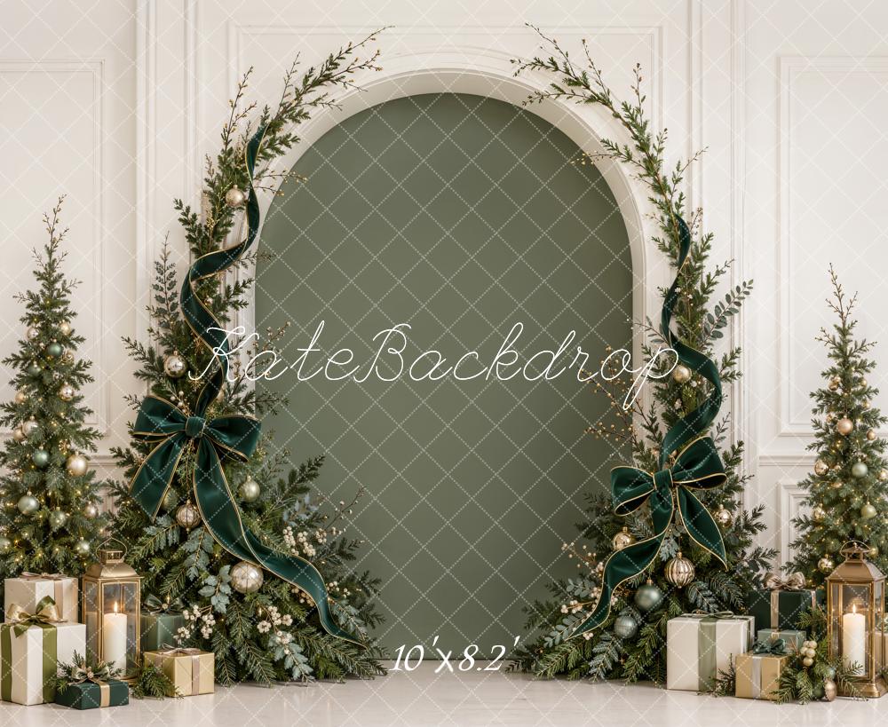 Kate Christmas Evergreen Arch Trees Green Velvet Bow Gifts Printed Backdrop Designed by Emetselch