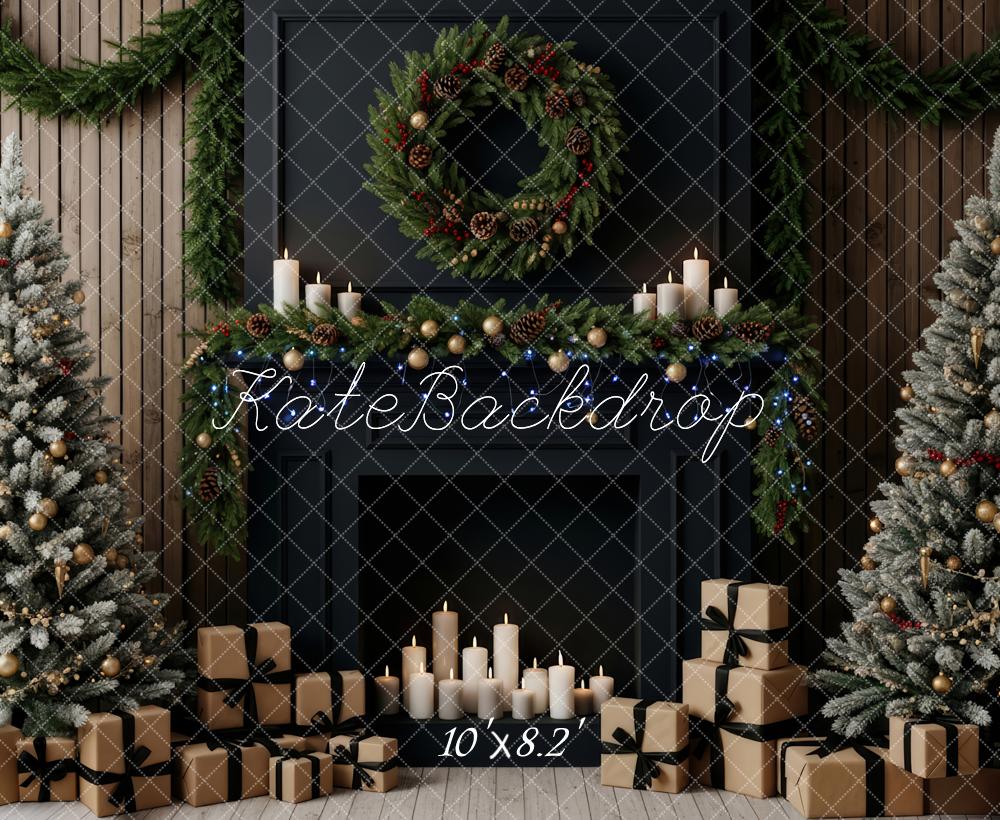 Kate Christmas Fireplace Garland Wreath Frosted Trees Backdrop Designed by Patty Roberts