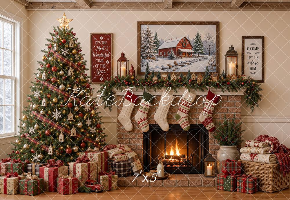 Kate Christmas Tree Stone Fireplace Gifts Stockings Rustic Printed Backdrop Designed by Shutter Swan Studios