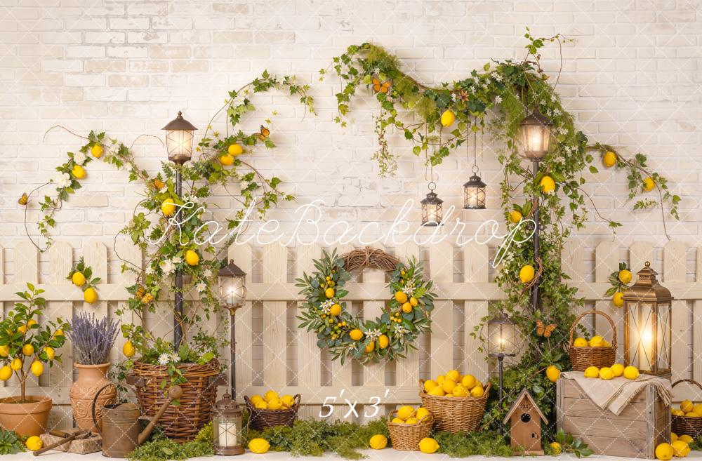 Kate Summer Lemon Vine Lantern Basket Rustic Fence Printed Backdrop Designed by Emetselch