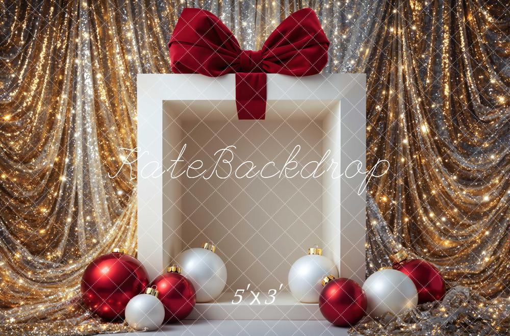 Kate Christmas Gift Box Red Bow Ornaments Gold Glitter Drapes Printed Backdrop Designed by Mini MakeBelieve