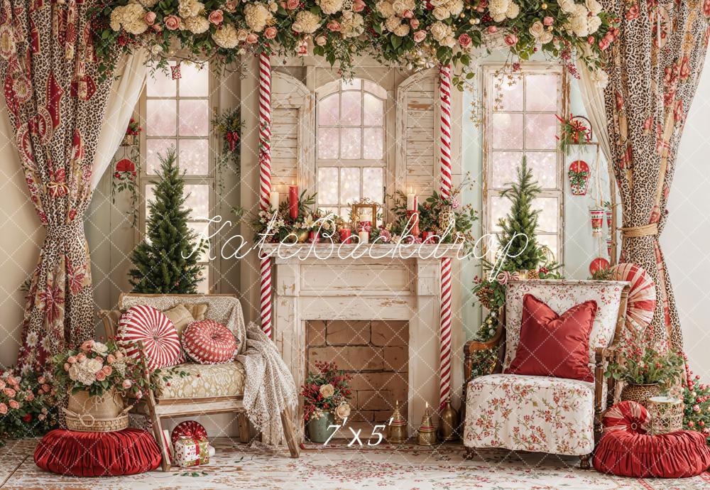 Kate Valentines Floral Fireplace Candy Cane Windows Leopard Backdrop Designed by Emetselch